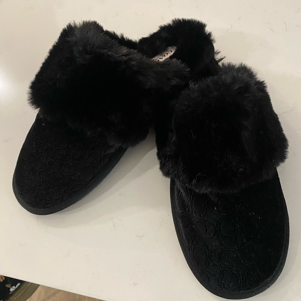 Coach Black Fur Slippers